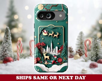 Christmas Storybook Cutout Pixel Phone Case - Santa Sleigh Ride & Festive Winter Scene