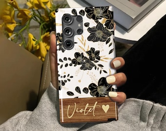 Personalized Gold Floral Wood Phone Case: Custom Name