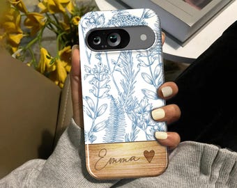 Personalized Floral Google Pixel Phone Case: Custom Wood Name Design