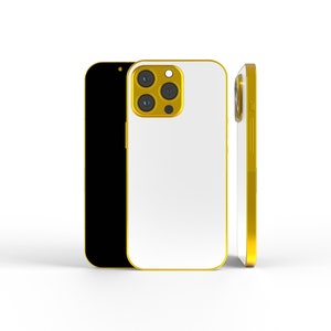 May include: A gold-colored smartphone with a white front and a black back. The phone has a triple camera system on the back.