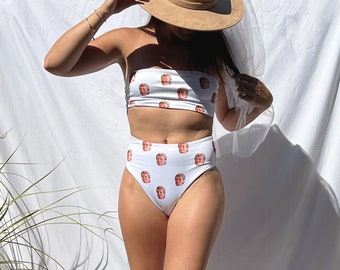 Custom Face Bachelorette Bikini - High Waisted Style Swim Bottoms - Bridal Swimwear