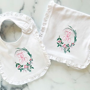 Custom Bib and/or Burp Cloth Floral Monogram Embroidered Gift for Baby