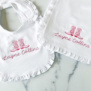 Custom Bib and/or Burp Cloth Western Boots Name Embroidered Gift for Baby
