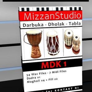 Puede incluir: Un gráfico rojo y negro con el texto "MizzanStudio" y "MDK 1" en blanco. El gráfico presenta tres tambores diferentes: un darbuka marrón, un dholak rojo y un tabla marrón. El texto debajo de los tambores dice "54 archivos Wav - 7 archivos Midi Dadra x1 Mogholi x4 + Fill x2 Biblioteca para KONTAKT NI".