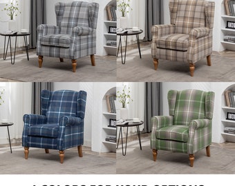 Retro Accent Chair, Wingback Tartan Armchair Soft Padded, Retro Check Leisure Chair, Fabric Lounge Padded Sofa Chair for Living Room Bedroom