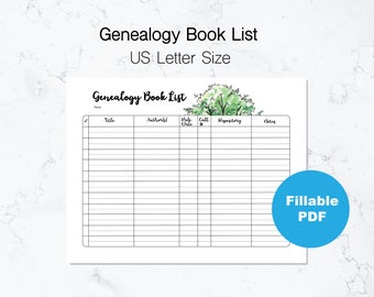 Genealogy Book List Form | US Letter Size | Fillable PDF | Watercolor Tree Design