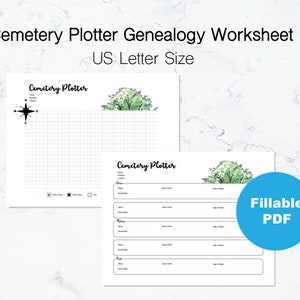 May include: Printable cemetery plotter genealogy worksheet in US Letter size. The worksheet includes a grid for plotting grave locations and a section for recording details about each grave. The worksheet is designed to be filled out digitally and is available as a fillable PDF.