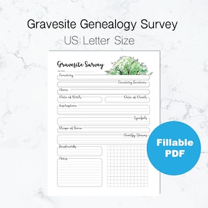 Gravesite Survey Genealogy Worksheet | US Letter Size | Fillable PDF | Watercolor Tree Design