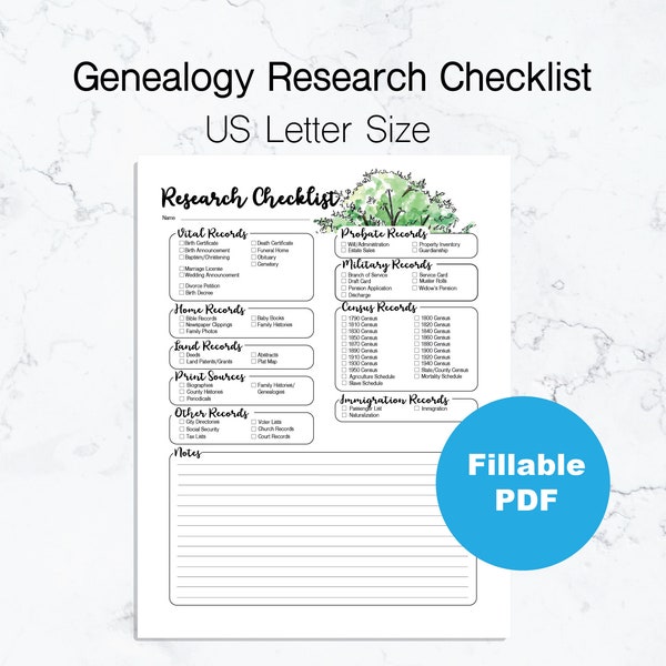 Genealogy Research Checklist | US Letter Size | Fillable PDF | Watercolor Tree Design