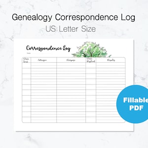 Registro de correspondencia genealógica / Tamaño carta de EE. UU. / PDF rellenable / Diseño de árbol de acuarela