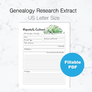 May include: A printable genealogy research extract template with a watercolor tree design. The template includes sections for file number, date, record type, title of source, research objective, location of record, publisher, author, extracted search results, and analysis.