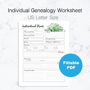 Individual Genealogy Worksheet | US Letter Size | Fillable PDF | Watercolor Tree Design