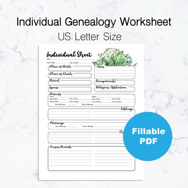 Individual Genealogy Worksheet | US Letter Size | Fillable PDF | Watercolor Tree Design
