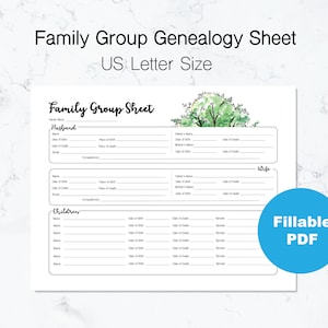 Hoja de trabajo de genealogía de grupo familiar / Tamaño carta de EE. UU. / PDF rellenable / Diseño de árbol en acuarela