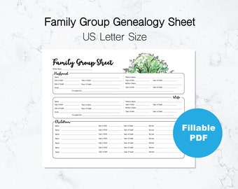 May include: A printable family group genealogy sheet in US Letter size. The sheet has sections for a husband, wife, and children. Each section includes fields for name, date of birth, place of birth, date of death, and place of death. The sheet also includes a space for a family name and a watercolor illustration of a tree.