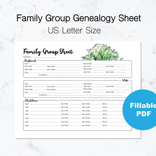 Family Group Genealogy Worksheet | US Letter Size | Fillable PDF | Watercolor Tree Design