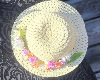 Woven Easter Hat: Peach, Pink & Purple Floral Spring Theme