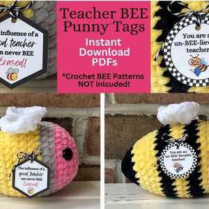 PRINTABLE Punny Bee Tags, Display Tags for Crochet Bees, Bee Puns Gift Tags, Pencil Bee Tags, Teacher Bee Digital PDF, Crochet Market Tags