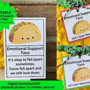 PRINTABLE Emotional Support Taco Tags, Let's Taco 'bout It, Digital PDF, Display for Tacos, Taco Gift Tags, Kawaii Food Tags, Taco Labels