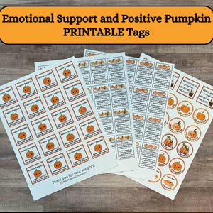 May include: Printable tags featuring a variety of positive messages and cute pumpkin illustrations. The tags are perfect for adding a touch of autumn cheer to gifts, favours, or classroom activities. The text on the tags includes phrases like "When life gives you pumpkins, spice it up and make a latte" and "Positive Pumpkin - Spread good thoughts".