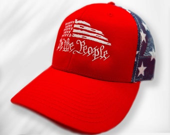 We The People Red Hat With American Flag Back Mesh Pattern