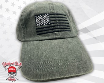 American flag Black and White Embroidered Green Washed Hat