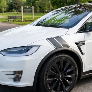 Könnte beinhalten: Ein weißer Tesla Model X Elektro-SUV mit schwarzen Vielspeichenfelgen, einem schwarzen Panoramadach und zwei schwarzen Rennstreifen auf dem vorderen Kotflügel. Das Fahrzeug hat schwarze Zierleisten entlang der unteren Karosserie.