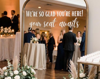 Wedding Seating Chart Decal, Custom Mirror Seating Sign, Your Seat Awaits Vinyl Decal, Personalized Wedding Reception Decor