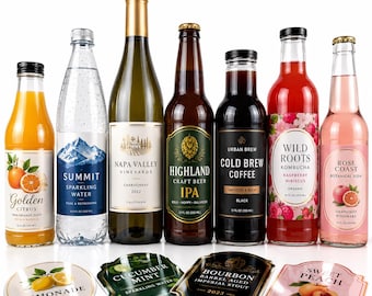 Könnte beinhalten: Eine Sammlung von sieben Glasflaschen mit verschiedenen Getränken wie Orangensaft, Mineralwasser, Chardonnay, IPA, Cold Brew Kaffee, Kombucha und Limonade, ergänzt durch vier separate Aufkleber für Limonade, Gurken-Minze, Stout und Pfirsich.