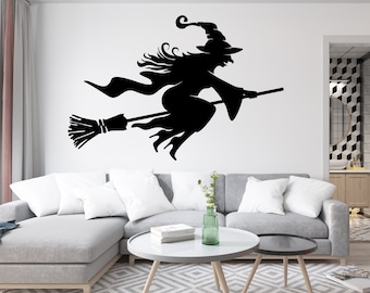 Large Wicked Witch Silhouette Window Decal - Halloween Witchy Shadow Wall Sticker - Festive Spooky Haunting Door & Garage Embellishments