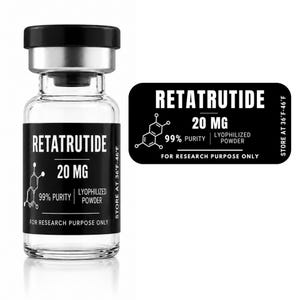 May include: A clear glass vial with a black cap and a black label featuring the white text RETATRUTIDE, 20 MG, 99% PURITY, LYOPHILIZED POWDER, FOR RESEARCH PURPOSE ONLY, and STORE AT 36°F-46°F, accompanied by a chemical structure illustration.