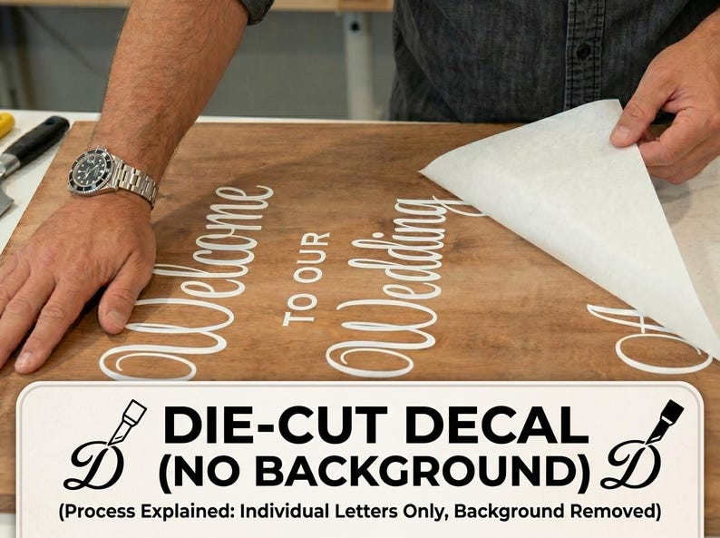 K&ouml;nnte beinhalten: Ein Holzschild mit wei&szlig;em Text, der &bdquo;Welcome to our Wedding&ldquo; (Willkommen zu unserer Hochzeit) lautet. Ein gestanzter Aufkleber wird angebracht. Der Aufkleber ist wei&szlig; und ohne Hintergrund. Der Text &bdquo;DIE-CUT DECAL (NO BACKGROUND)&ldquo; ist ebenfalls sichtbar.