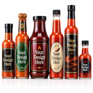 Puede incluir: Seis botellas de vidrio transparente de diferentes alturas y formas, rellenas de salsas rojas y marrón oscuro. Cada botella tiene un tapón negro y una etiqueta personalizada con el texto Your Design Here, incluyendo varios bordes y gráficos.