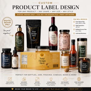 Peut inclure: Un service de conception d'étiquettes de produits numériques présentant divers contenants dont un flacon pompe, un sachet noir, une bouteille de vin, des bocaux et une bougie, tous étiquetés avec le texte Your Design Here, et une étiquette de miel.