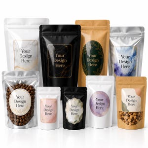 May include: A collection of various stand-up pouches in white, black, brown kraft, and silver finishes, featuring diverse label designs with the text Your Design Here. Some pouches are transparent, displaying brown spherical food items inside.