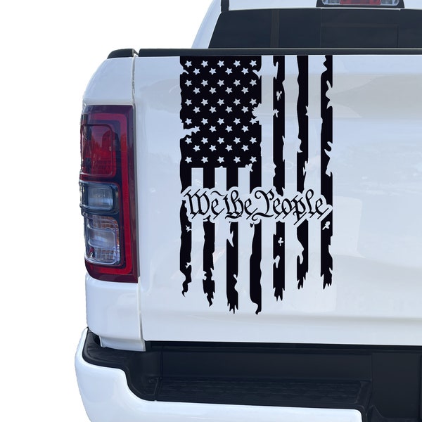 We The People Distressed American USA US Flag Truck Tailgate Vinyl Decal Preamble of The US Constitution Decal Rear Car Sticker (10 x 18)