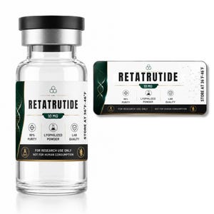 Può includere: Un flacone in vetro trasparente con tappo nero e etichetta bianca riportante il testo RETATRUTIDE 10 MG, 99% PURITY, LYOPHILIZED POWDER, LAB QUALITY, STORE AT 36°F-46°F, FOR RESEARCH USE ONLY NOT FOR HUMAN CONSUMPTION e un grafico del DNA.