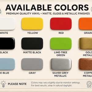 K&ouml;nnte beinhalten: Eine Farbkarte mit rechteckigen Farbfeldern in verschiedenen Farben, darunter Wei&szlig;, Gelb, Rot, Orange, Schwarz, Mattschwarz, Limettengr&uuml;n, Gold Metallic, Eisblau, Grau, Silbergrau Metallic und Kupfer Metallic. Der Text oben lautet "VERF&Uuml;GBARE FARBEN".
