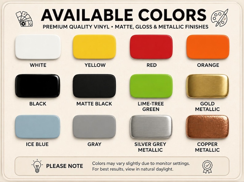 K&ouml;nnte beinhalten: Eine Farbkarte mit rechteckigen Farbfeldern in verschiedenen Farben, darunter Wei&szlig;, Gelb, Rot, Orange, Schwarz, Mattschwarz, Limettengr&uuml;n, Gold Metallic, Eisblau, Grau, Silbergrau Metallic und Kupfer Metallic. Der Text oben lautet "VERF&Uuml;GBARE FARBEN".