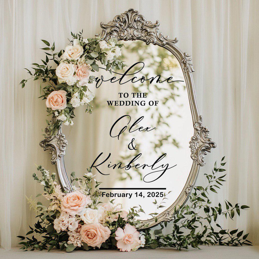 Decalcomania Personalizzata Per Specchio Matrimonio – Scritta Welcome To Our Wedding Con Nomi Degli Sposi E Data, Adesivo Vinile In Vari Colori E Misure