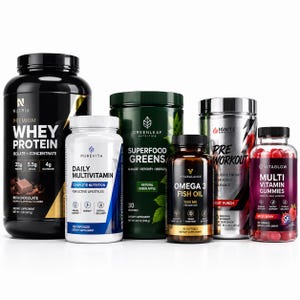May include: A collection of six dietary supplement containers including a large black Nutrix whey protein tub, a white Purevita multivitamin bottle, a green Greenleaf superfood greens jar, a brown Vitabalance Omega 3 fish oil bottle, an Ignite pre-workout canister, and a clear Vitaglow multivitamin gummy jar.