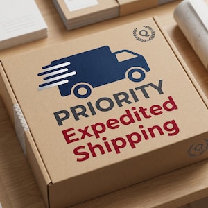 May include: A cardboard box with the words "PRIORITY Expedited Shipping" in dark gray and red. A blue truck graphic is above the text. The box has a logo in the upper right corner.