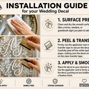 K&ouml;nnte beinhalten: Installationsanleitung f&uuml;r einen Hochzeitsaufkleber. Die Anleitung zeigt die Schritte zur Vorbereitung der Oberfl&auml;che, zum Abziehen und &Uuml;bertragen des Aufklebers sowie zum Anbringen und Gl&auml;tten. Der Aufkleber zeigt die Buchstaben "A&C" in einem floralen Design. Einfach anzubringen.