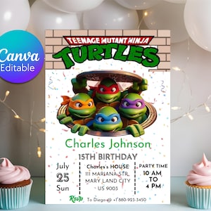 Invitation d'anniversaire modifiable de tortue Ninja, modèle d'invitation de fête d'anniversaire d'adolescent, invitation de fête d'anniversaire imprimable, toile modifiable