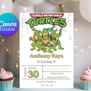 Invitation d'anniversaire imprimable tortue Ninja, modèle d'invitation de fête d'anniversaire d'enfants, invitation de fête d'anniversaire, toile modifiable, téléchargement immédiat