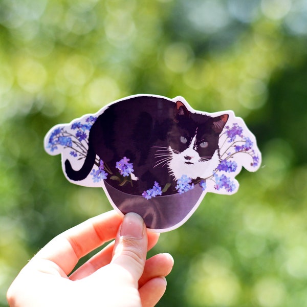 Niedlicher Smoking / Schwarze Katze in Blumen Aufkleber Wasserfest