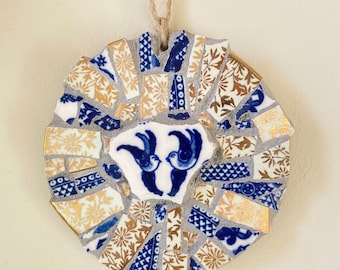 Vintage China mosaic art , bird mosaic art, blue and white bird, unique present, hand cut tiles