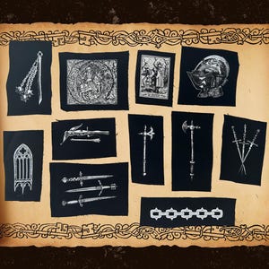 Könnte beinhalten: Eine Sammlung schwarzer Stoffaufnäher mit weißen Tintenillustrationen mittelalterlicher Waffen und Architektur, darunter ein Flegel, ein Ritter zu Pferd, ein Helm, eine Armbrust, eine Hellebarde, eine Axt, Schwerter, ein gotisches Fenster und eine Kette.