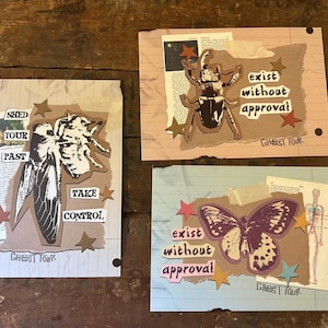 Puede incluir: Tres obras de arte de técnica mixta sobre papel rayado. Cada una presenta un collage de ilustraciones de insectos, texto y acentos en forma de estrella. El texto incluye frases como "Shed Your Past" y "Exist Without Approval". La parte inferior de cada pieza dice "Ghost Tour".
