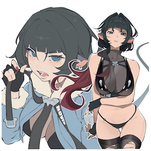 May include: Illustration of a woman with short dark hair and blue eyes. She wears a light blue jacket with a white fur collar and black gloves. The image also shows a woman in a black outfit.